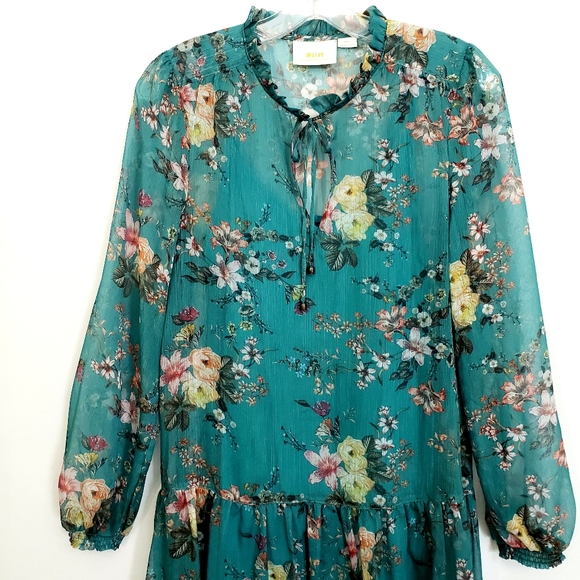Nwot Maeve by Anthropologie Teal Floral Emmy Longsleeve Dress - Picture 8 of 16